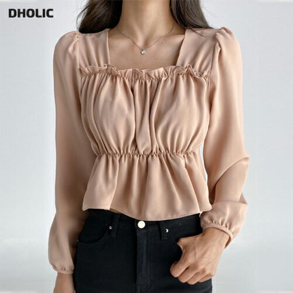 スクエアネックシャーリングブラウス・t03233 レディース 【bl】トップス ブラウス 長袖 シャーリング スクエアネック デコルテ フェミニン フリル パフスリーブ かわいい 可愛い 単色 シンプル 春 秋 韓国ファッション