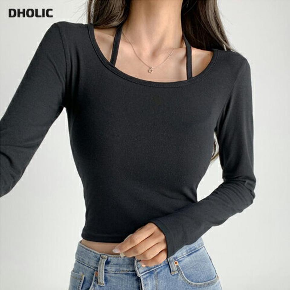 【10%OFF】ホルターネックTシャツ・t03260 レディース 【tops】トップス Tシャツ 長袖 ロンT ホルターネック ユニーク カジュアル 単色 無地 シンプル クロップド丈 短丈 ショート丈 春 秋 韓国ファッション kw