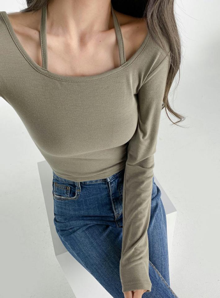 【10%OFF】ホルターネックTシャツ・t03260 レディース 【tops】トップス Tシャツ 長袖 ロンT ホルターネック ユニーク カジュアル 単色 無地 シンプル クロップド丈 短丈 ショート丈 春 秋 韓国ファッション kw