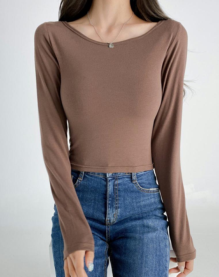 ラウンドネッククロップドTシャツ・t03196 レディース 【tops】トップス Tシャツ 長袖 ロンT 単色 無地 シンプル ベーシック ラウンドネック カジュアル 大人 スリム タイト カーキ クロップド丈 短丈 ショート丈 春 秋 韓国ファッション