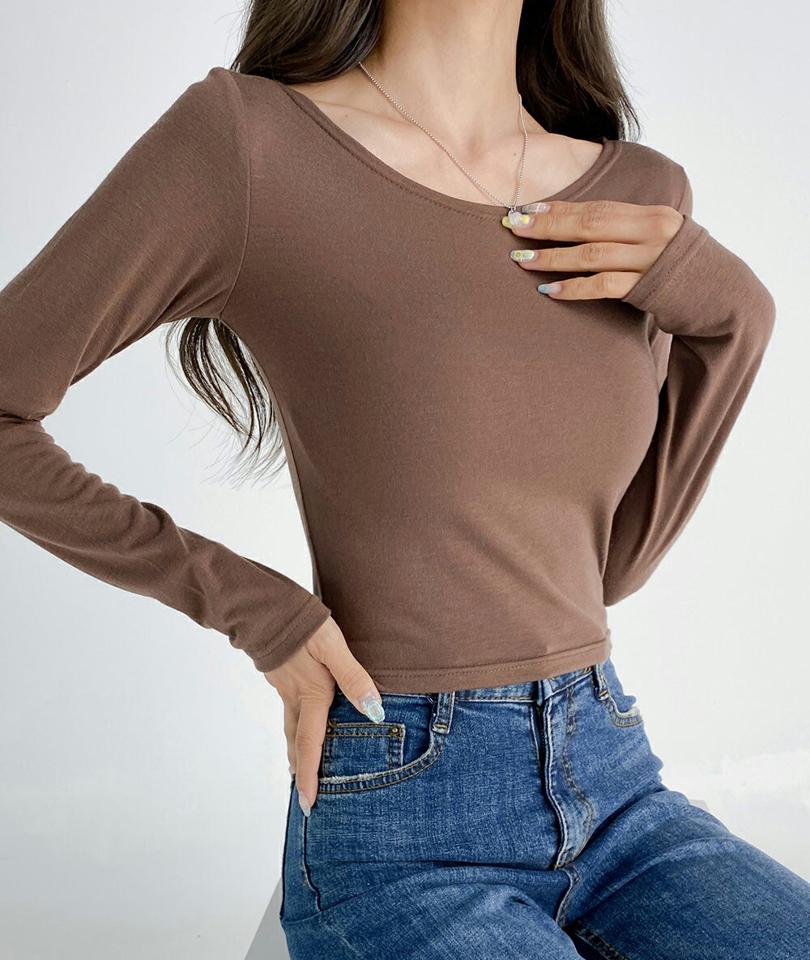 ラウンドネッククロップドTシャツ・t03196 レディース 【tops】トップス Tシャツ 長袖 ロンT 単色 無地 シンプル ベーシック ラウンドネック カジュアル 大人 スリム タイト カーキ クロップド丈 短丈 ショート丈 春 秋 韓国ファッション