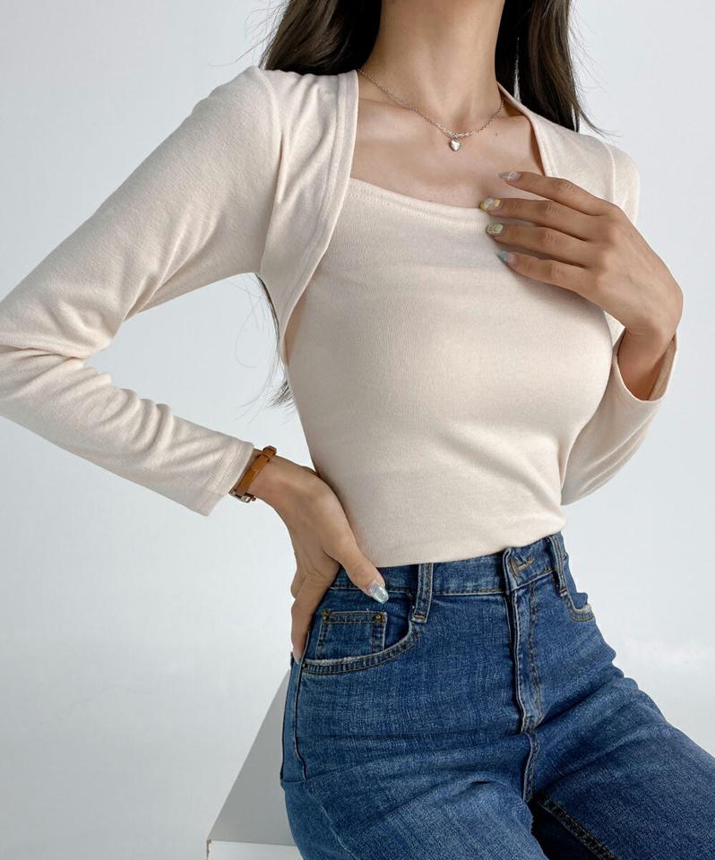ボレロレイヤードTシャツ・t03231 レディース 【tops】トップス Tシャツ 長袖 ロンT レイヤード風 カジュアル ユニーク 単色 無地 個性的 大人 スリム タイト 春 秋 韓国ファッション