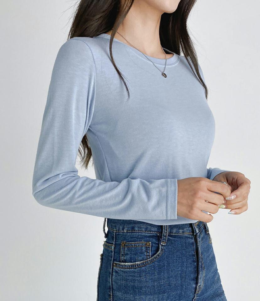 ラウンドネックソフトTシャツ・t03224 レディース 【tops】トップス Tシャツ 長袖 ロンT ラウンドネック 単色 無地 シンプル ベーシック くすみ カジュアル 無地T ピンク 緑 水色 ベージュ 白T 春 秋 韓国ファッション