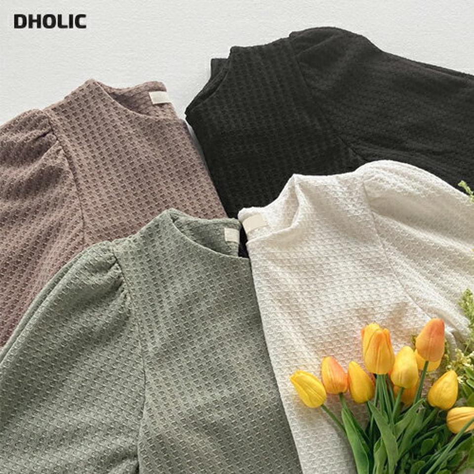 パフスリーブTシャツ・t03248 レディース 【tops】トップス Tシャツ 半袖 ハーフスリーブ パフスリーブ ワッフル ラウンドネック 単色 無地 シンプル カーキ ピンク くすみ クロップド丈 ガーリー かわいい 二の腕カバー 春 夏 韓国ファッション