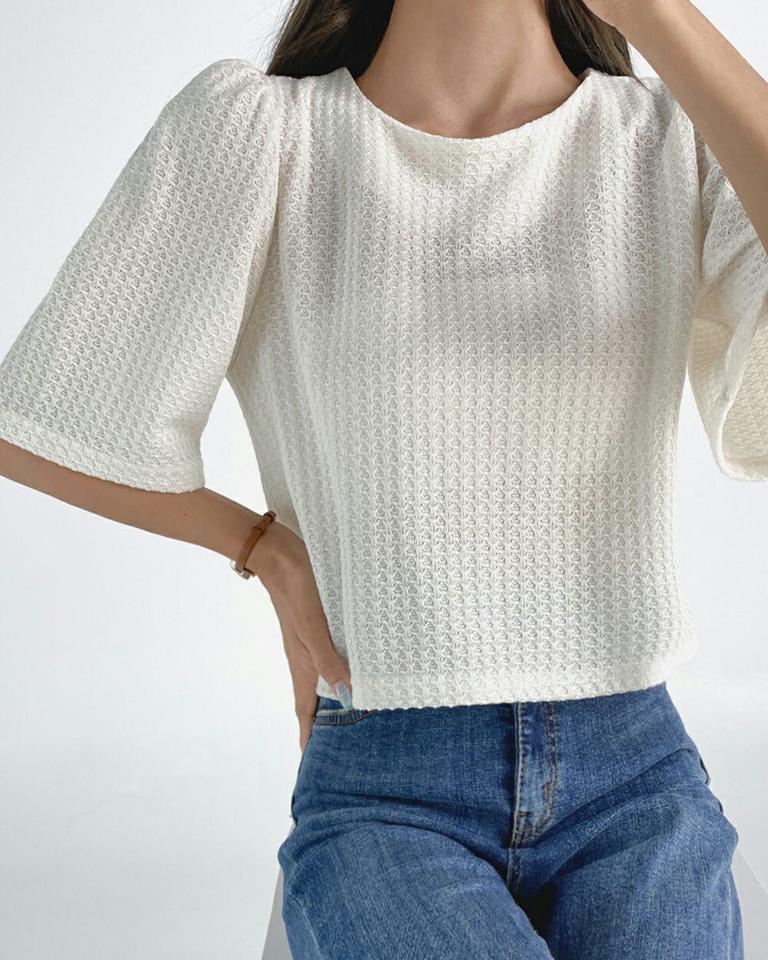 パフスリーブTシャツ・t03248 レディース 【tops】トップス Tシャツ 半袖 ハーフスリーブ パフスリーブ ワッフル ラウンドネック 単色 無地 シンプル カーキ ピンク くすみ クロップド丈 ガーリー かわいい 二の腕カバー 春 夏 韓国ファッション