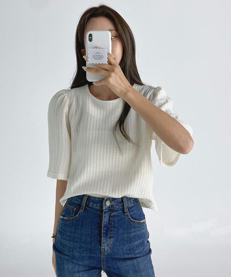 パフスリーブTシャツ・t03248 レディース 【tops】トップス Tシャツ 半袖 ハーフスリーブ パフスリーブ ワッフル ラウンドネック 単色 無地 シンプル カーキ ピンク くすみ クロップド丈 ガーリー かわいい 二の腕カバー 春 夏 韓国ファッション