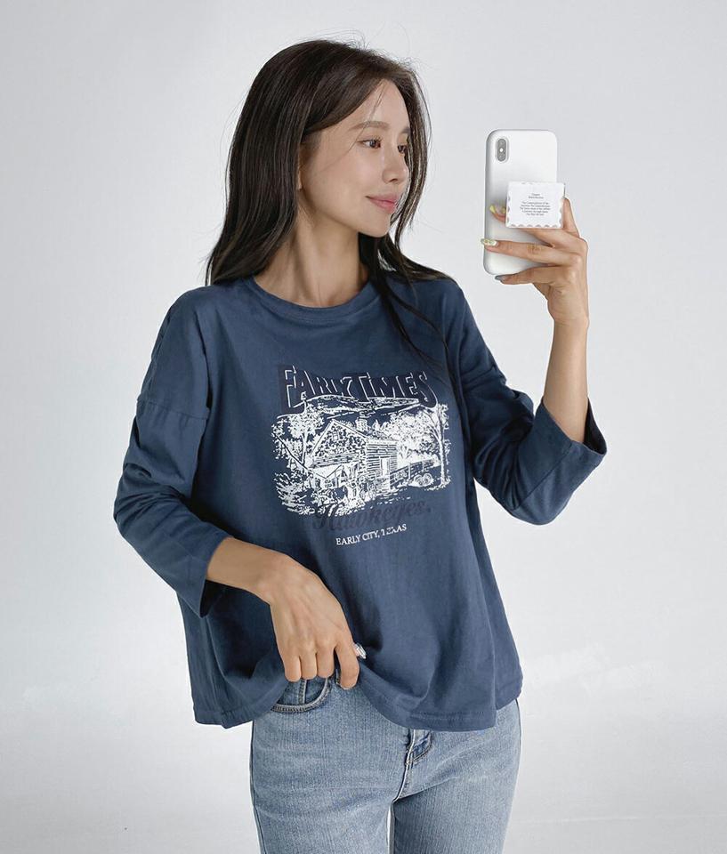 プリント長袖Tシャツ・t03222 レディース 【tops】トップス Tシャツ 長袖 ロンT プリント ロゴ レタリング カジュアル ラフ 韓スト ストリート ラウンドネック ドロップショルダー コットン 綿 柄 春 秋 韓国ファッション