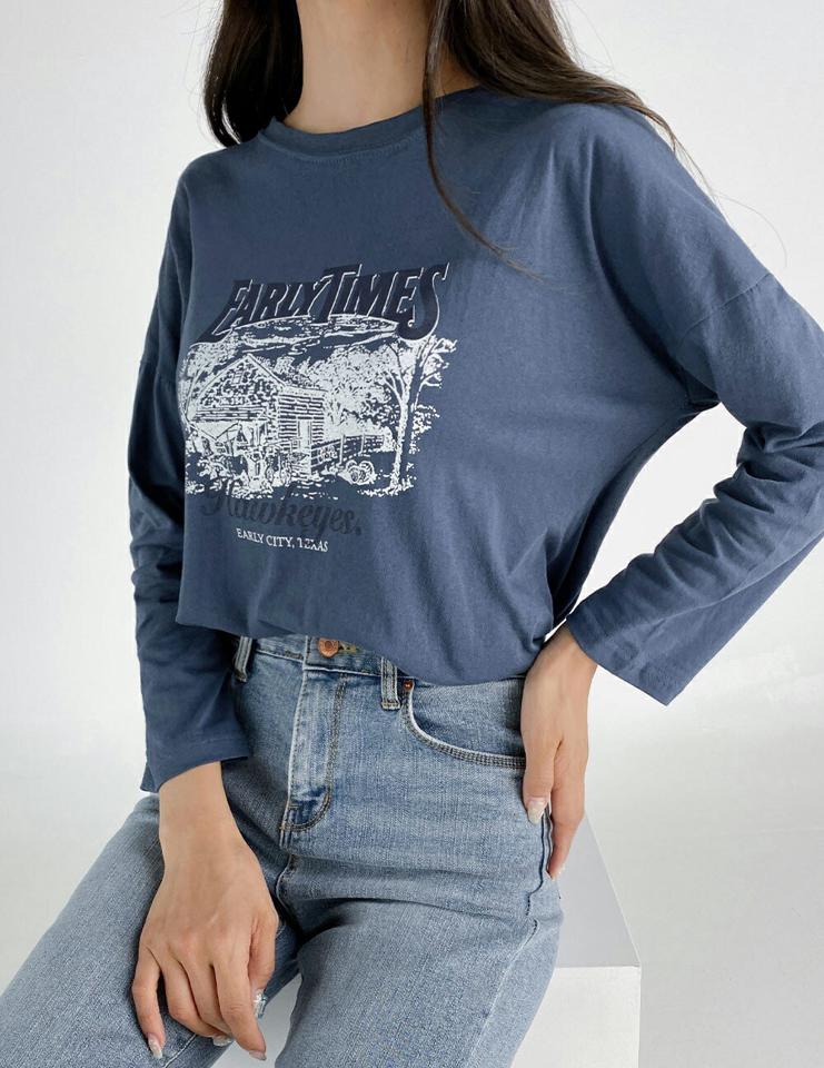 プリント長袖Tシャツ・t03222 レディース 【tops】トップス Tシャツ 長袖 ロンT プリント ロゴ レタリング カジュアル ラフ 韓スト ストリート ラウンドネック ドロップショルダー コットン 綿 柄 春 秋 韓国ファッション