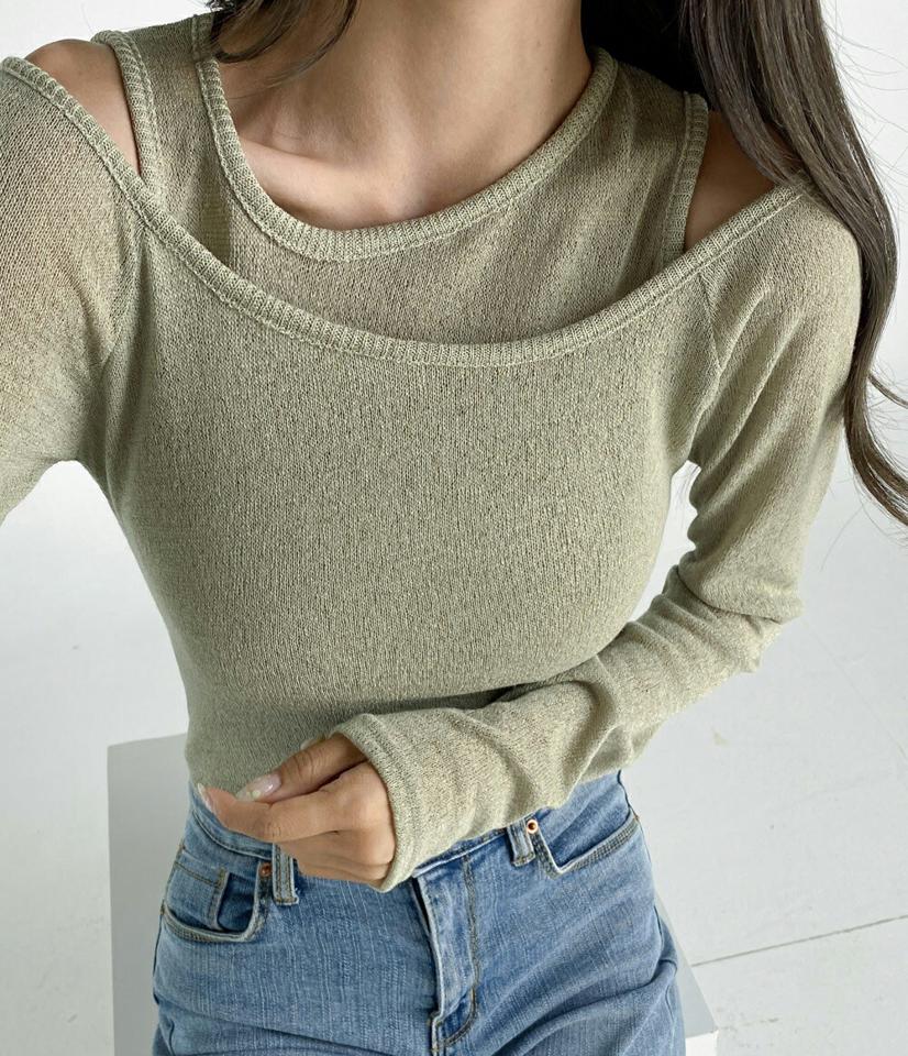 アシメタンクトップ&2WAYTシャツSET・t03242 レディース 【tops】アンサンブル トップス Tシャツ 長袖 ロンT タンクトップ スリーブレス ノースリーブ オフショルダー 肩出し 単色 無地 シンプル カジュアル 黄緑 くすみ 春 秋 韓国ファッション