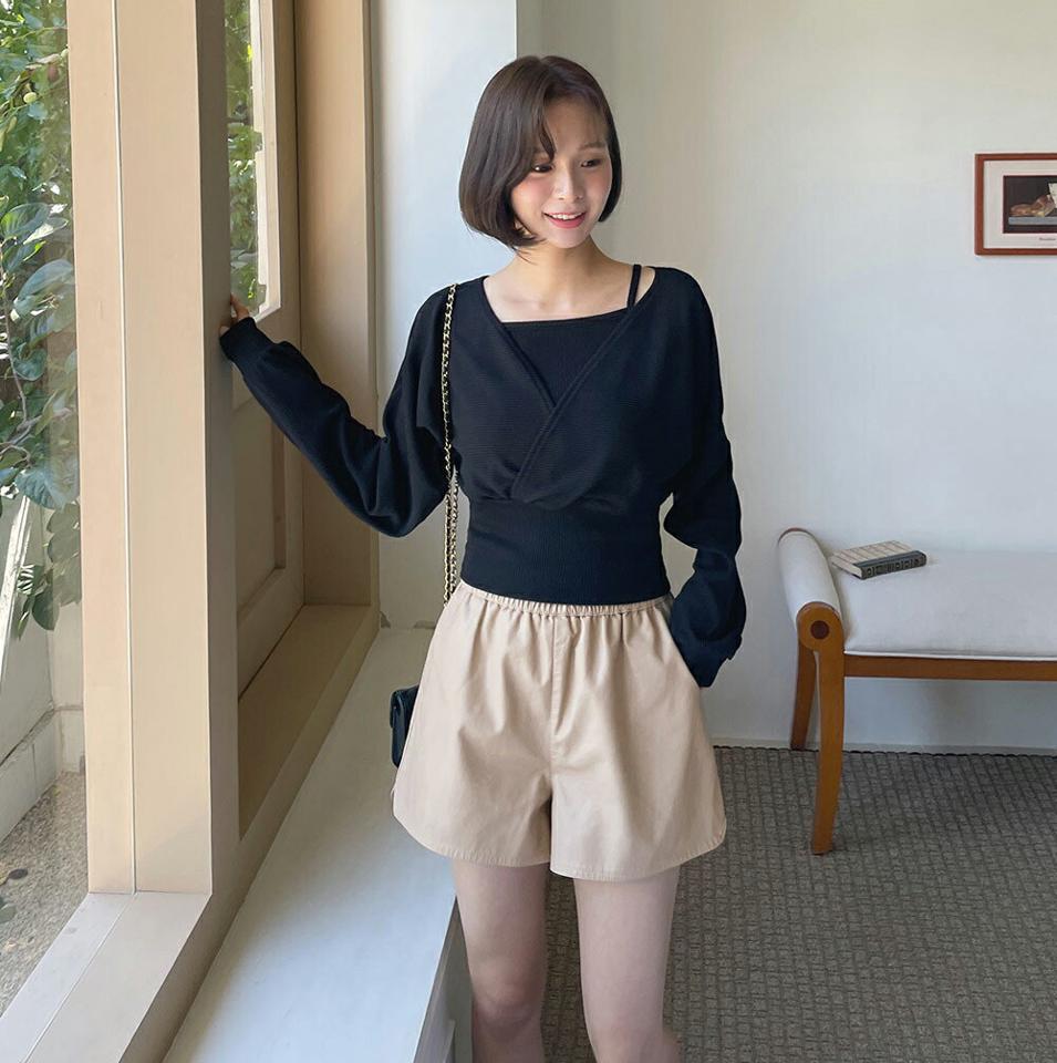リブキャミ&カシュクールTシャツSET・t01148 レディース 【tops】トップス セット Tシャツ 長袖 カシュクール 単色 無地 シンプル レイヤード カジュアル キャミソール スリーブレス ノースリーブ ドルマンスリーブ 白 春 秋 韓国ファッション