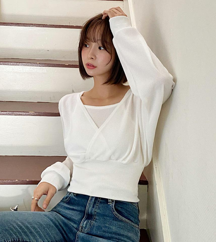 リブキャミ&カシュクールTシャツSET・t01148 レディース 【tops】トップス セット Tシャツ 長袖 カシュクール 単色 無地 シンプル レイヤード カジュアル キャミソール スリーブレス ノースリーブ ドルマンスリーブ 白 春 秋 韓国ファッション