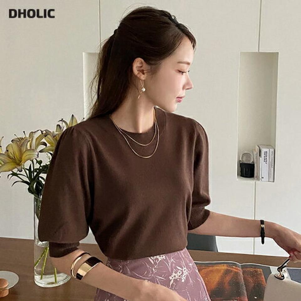スリットボタン半袖パフニット・b01044 レディース 【tops】トップス ニット 半袖 単色 無地 シンプル ベーシック パフ袖 パフスリーブ スリット クロップド丈 秋 春 フェミニン オフィスカジュアル 茶色 韓国ファッション ハイホリHIHOLLI