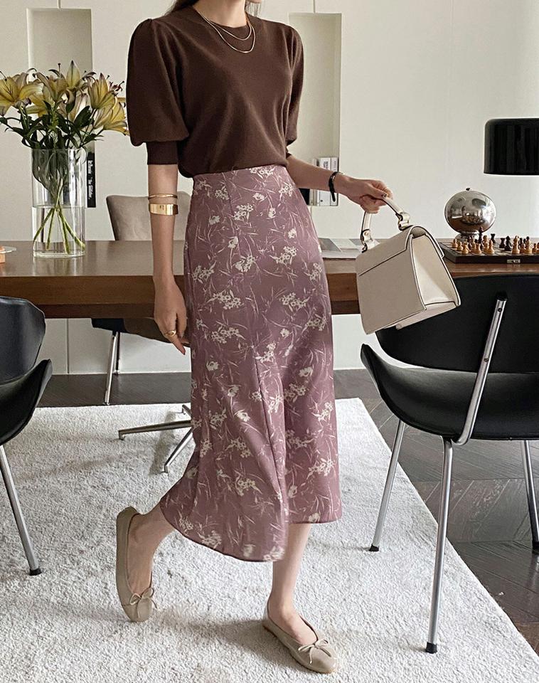 スリットボタン半袖パフニット・b01044 レディース 【tops】トップス ニット 半袖 単色 無地 シンプル ベーシック パフ袖 パフスリーブ スリット クロップド丈 秋 春 フェミニン オフィスカジュアル 茶色 韓国ファッション ハイホリHIHOLLI