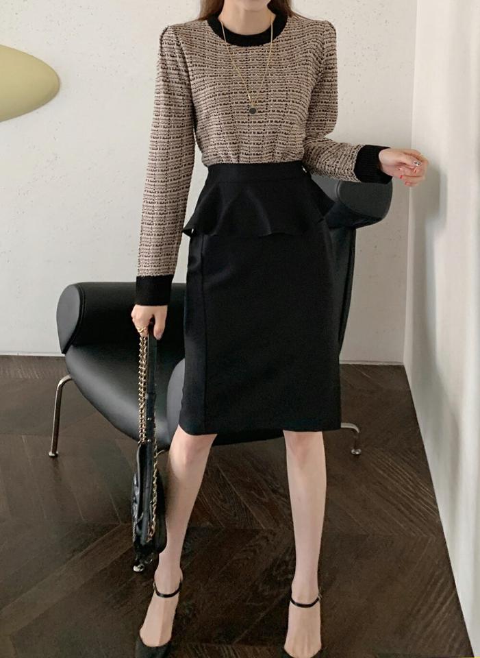 配色ツイード調ニット・t01046 レディース 【tops】トップス ニット 長袖 チェック柄 ツイード 配色 秋 冬 フェミニン 高級感 上品 伸縮性 白 紺 ピンク ブラック 黒 ホワイト カラーニット 韓国ファッション ハイホリHIHOLLI 人気