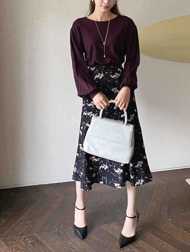 花柄マーメイドスカート・t01062 レディース 【sk】スカート ロング丈 柄 模様 花柄 総柄 フラワー マーメイド 秋 冬 フェミニン 上品 きれいめ ラブリー キュート かわいい 可愛い 黒 ブラック 揺れ感 スカコン 韓国ファッション ハイホリHIHOLLI