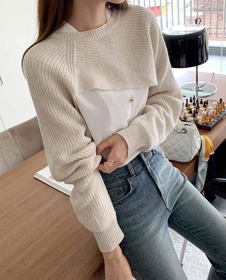 アンバランスニット・t01055 レディース 【tops】トップス ニット 長袖 ユニーク 単色 無地 シンプル ベーシック アンバランス クロップド丈 ラグラン 秋 冬 カジュアル スタイリッシュ モード 灰色 グレー 韓国ファッション ハイホリHIHOLLI
