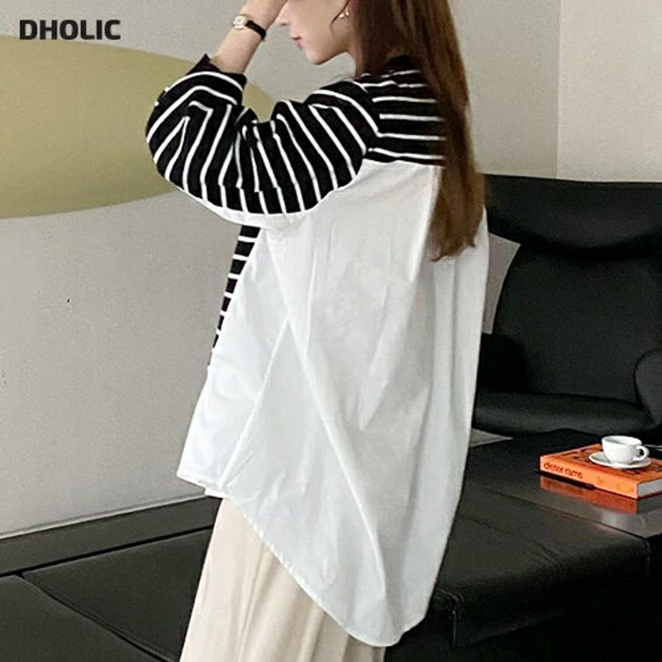 ドッキングボーダーニット・b01048 レディース 【tops】トップス 長袖 ニット 年上 異素材 シャツ ユニーク 柄 模様 ボーダー ドロップショルダー モノトーン 秋 冬 白 黒 ホワイト ブラック カジュアル 大人 インしない 韓国ファッション ハイホリHIHOLLI