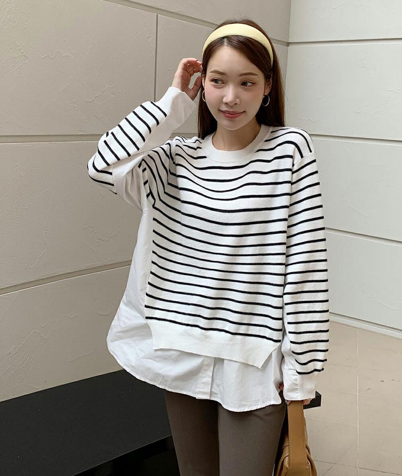 ドッキングボーダーニット・b01048 レディース 【tops】トップス 長袖 ニット 年上 異素材 シャツ ユニーク 柄 模様 ボーダー ドロップショルダー モノトーン 秋 冬 白 黒 ホワイト ブラック カジュアル 大人 インしない 韓国ファッション ハイホリHIHOLLI