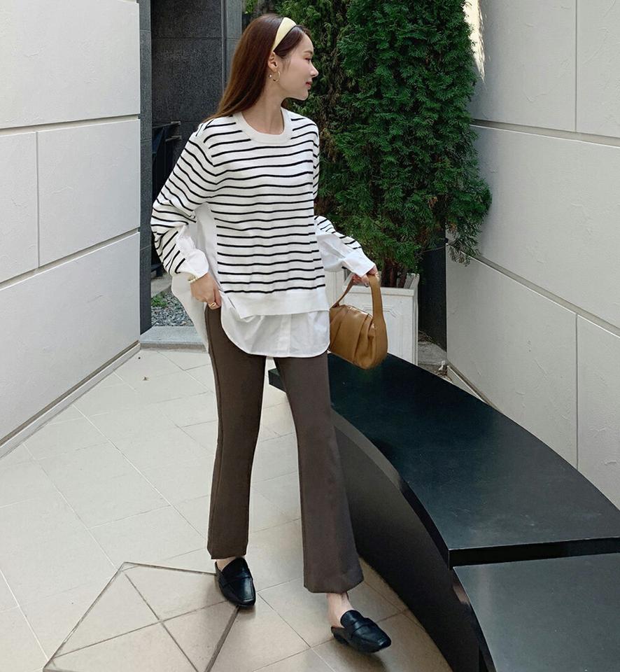 ドッキングボーダーニット・b01048 レディース 【tops】トップス 長袖 ニット 年上 異素材 シャツ ユニーク 柄 模様 ボーダー ドロップショルダー モノトーン 秋 冬 白 黒 ホワイト ブラック カジュアル 大人 インしない 韓国ファッション ハイホリHIHOLLI