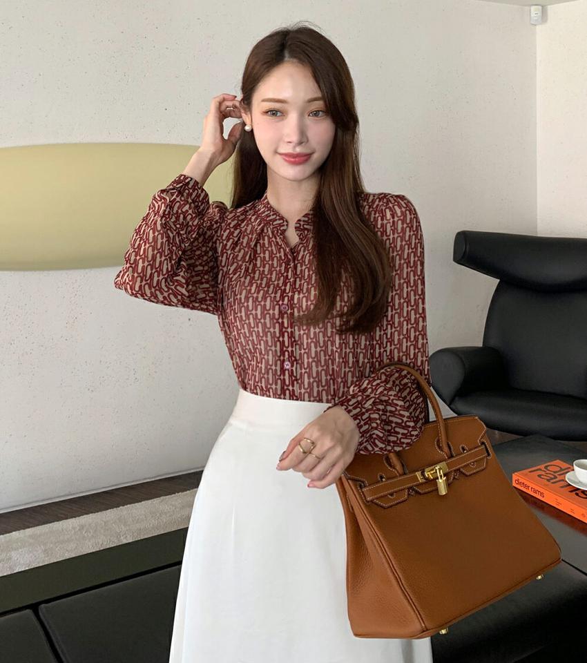 シースルーパターンブラウス・b01051 レディース 【bl】ブラウス トップス 長袖 柄 模様 シースルー タック オフィスカジュアル 秋 冬 フェミニン きれいめ 大人 かわいい 可愛い ワイン 赤 レッド 韓国ファッション ハイホリHIHOLLI 人気