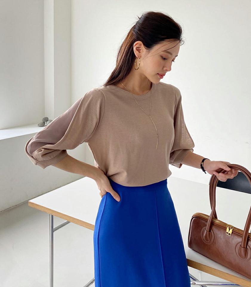 スリットシフォンスリーブニット・b72925 レディース 【tops】ニット 7分袖 七分袖 スリット シフォン オフィスカジュアル 単色 無地 シンプル ベーシック スリット 秋 春 フェミニン 上品 ベージュ トップス 年上 韓国ファッション ハイホリHIHOLLI