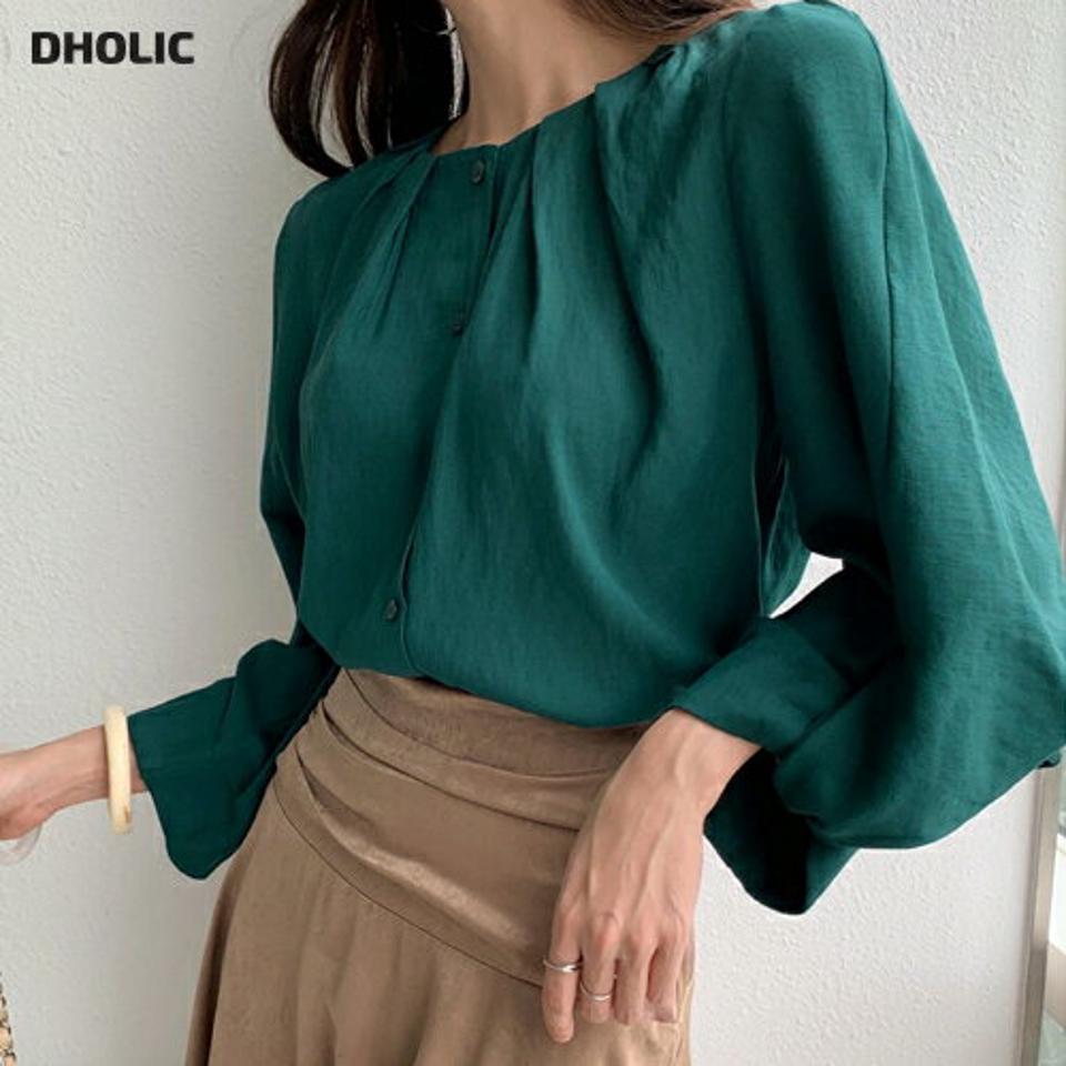 ツイストパフスリーブブラウス・b72919 レディース 【bl】ブラウス トップス 単色 無地 シンプル ベーシック ツイスト パフ袖 パフスリーブ ラウンドネック 七分袖 7分袖 秋 冬 フェミニン ボリュームスリーブ 緑 韓国ファッション HIHOLLI