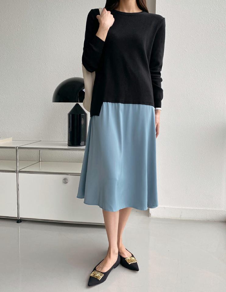 ニットシフォンワンピース・b72930 レディース 【ops】ワンピース ロング丈 異素材 ニット 年上 シフォン 配色 柄 模様 フレア 体型カバー 長袖 レーヨン混 ユニーク ゆったり 楽ちん バイカラー 秋 冬 フェミニン 大人 上品 韓国ファッション ハイホリHIHOLLI