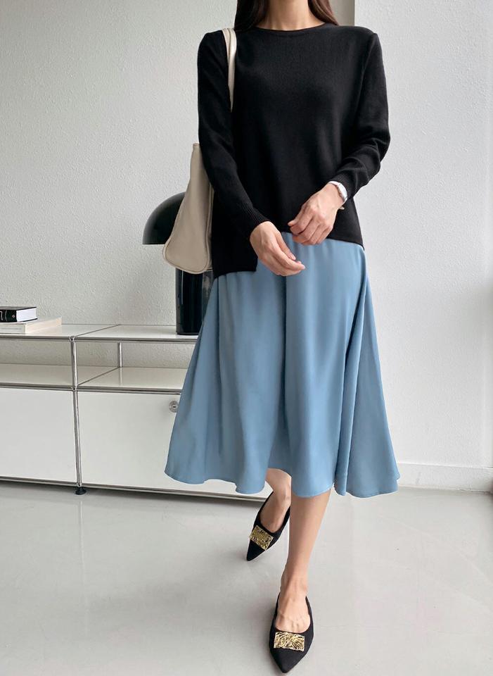 ニットシフォンワンピース・b72930 レディース 【ops】ワンピース ロング丈 異素材 ニット 年上 シフォン 配色 柄 模様 フレア 体型カバー 長袖 レーヨン混 ユニーク ゆったり 楽ちん バイカラー 秋 冬 フェミニン 大人 上品 韓国ファッション ハイホリHIHOLLI
