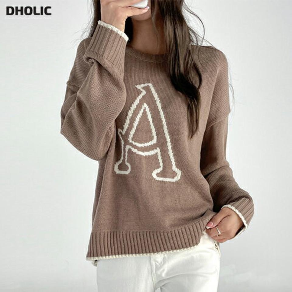 Aロゴ配色ニット・t01194 レディース 【tops】トップス ニット 長袖 ラウンドネック イニシャル 英語 ロゴ アルファベット シンプル カジュアル ルーズ ドロップショルダー 茶色 ブラウン 春 秋 柄ニット 韓国ファッション 人気