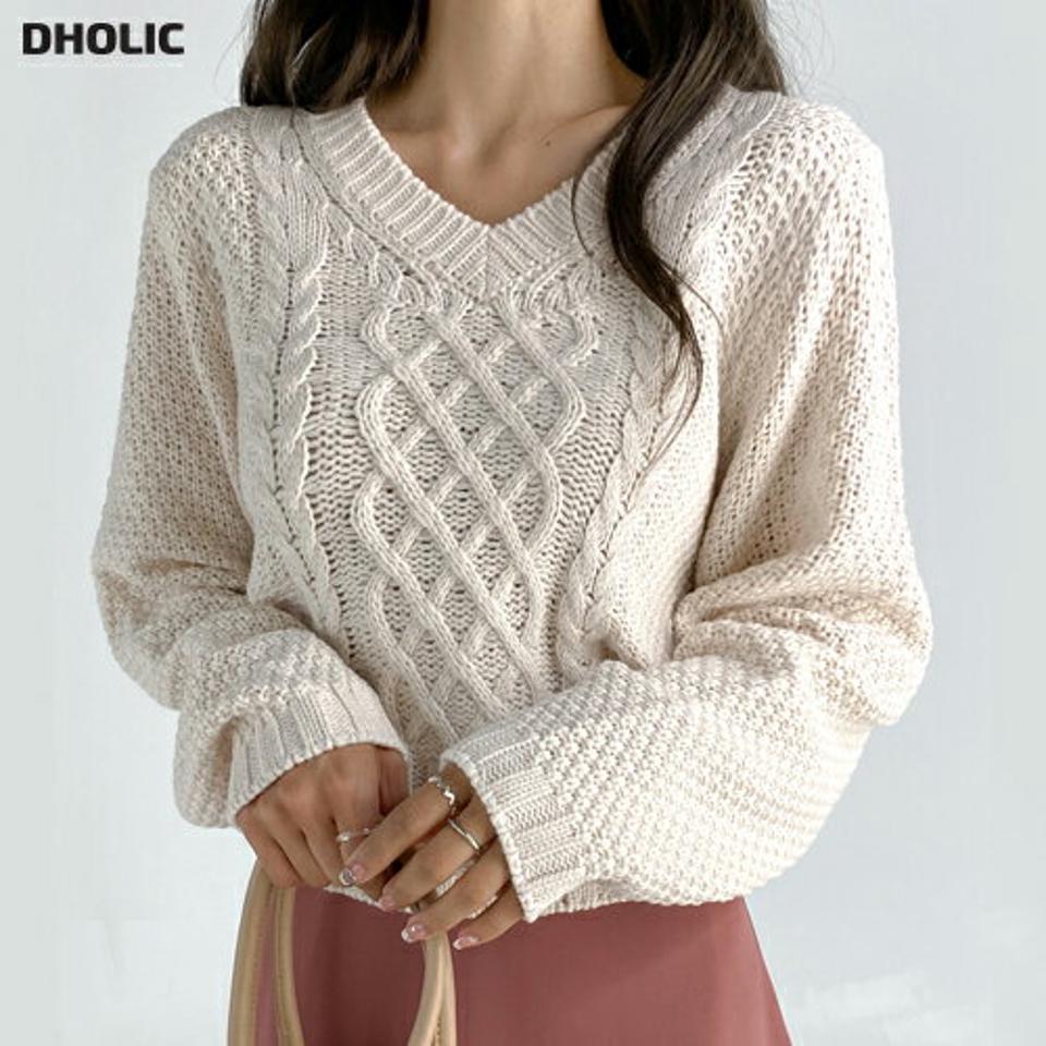 Vネッククロップドケーブルニット・t01241 レディース 【tops】トップス ニット 長袖 Vネック ケーブル編み ケーブルニット 単色 無地 シンプル カジュアル クロップド丈 春 秋 人気 韓国ファッション