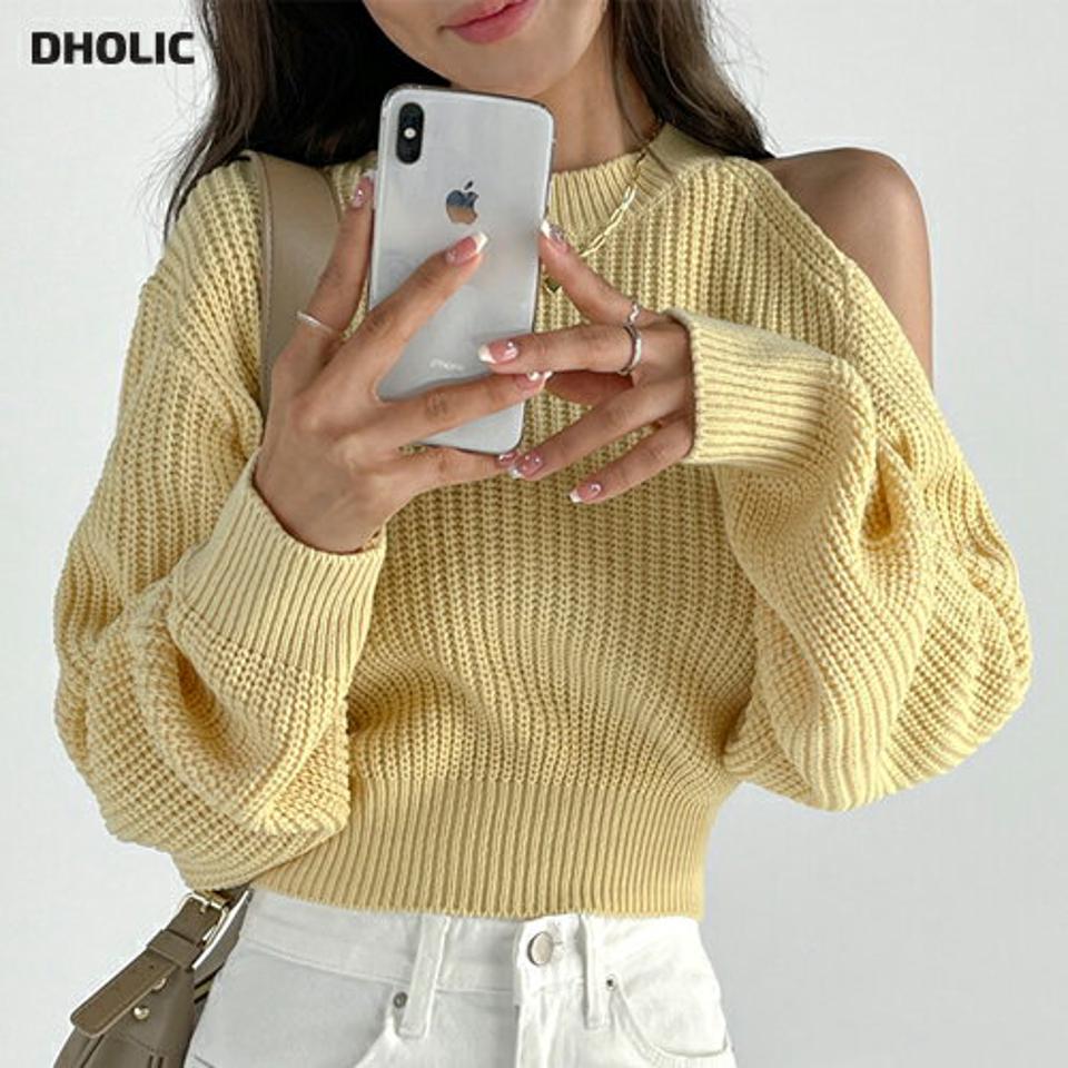 アシメショルダースリットニット・t01193 レディース 【tops】トップス ニット 長袖 肩出し ワンショルダー スリット カットアウト 単色 無地 シンプル カジュアル アクリルニット 黄色 カラーニット イエロー 春 秋 ワンホン 韓国ファッション