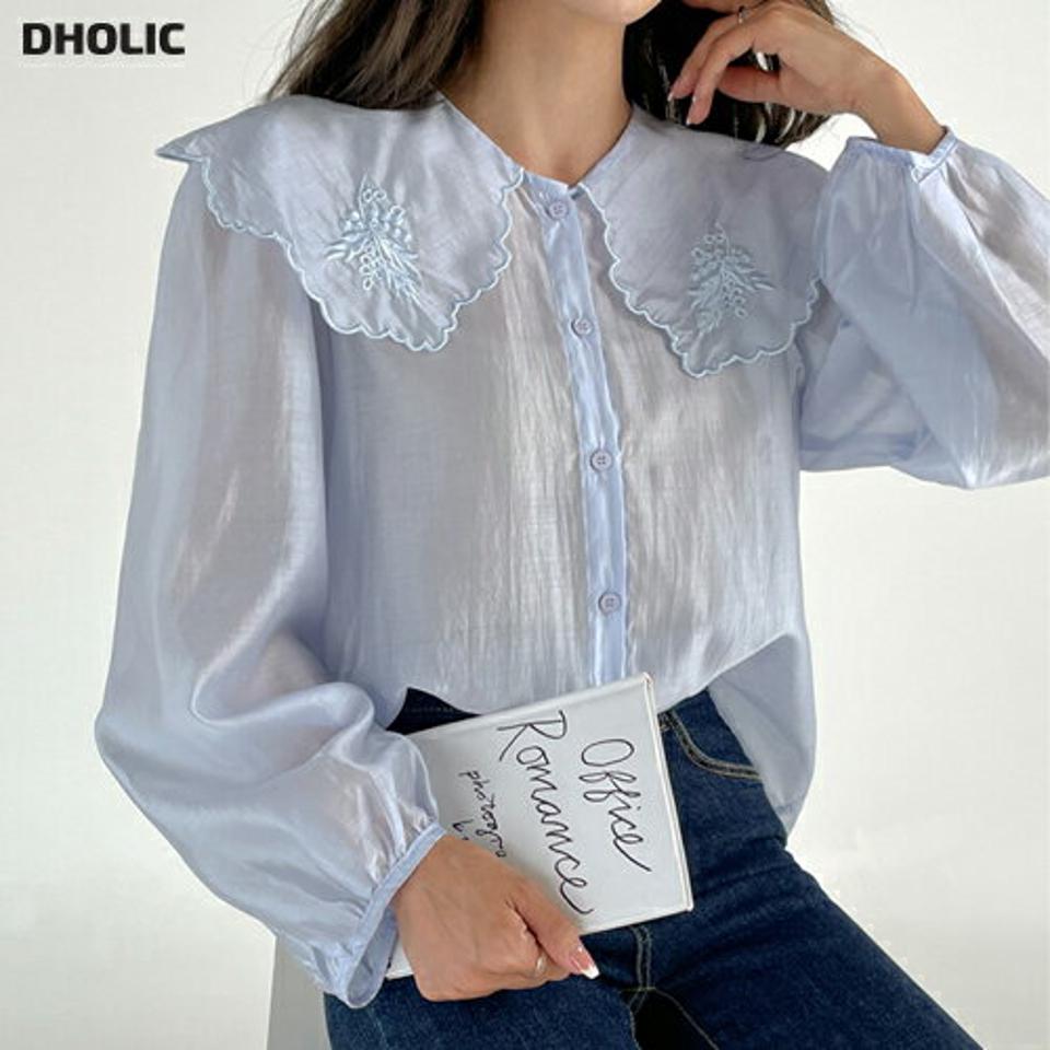 【マラソン特価】刺繍ビッグカラーブラウス・b01196 レディース 【bl】トップス ブラウス 長袖 大きい襟 襟コン 刺繍 ガーリー 大人 かわいい 可愛い ツヤ感 パフスリーブ パステル 水色 スカラップ セーラーカラー デコラティブ 春 秋 韓国ファッション