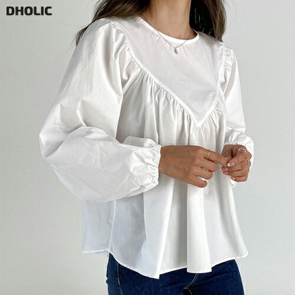 Vギャザールーズブラウス・b01213 レディース 【bl】トップス ブラウス 長袖 ギャザー 単色 無地 フェミニン ラウンドネック 白ブラウス ホワイト 大人 お腹カバー 体型カバー かわいい フレアトップス インしない ボリューム袖 春 秋 韓国ファッション