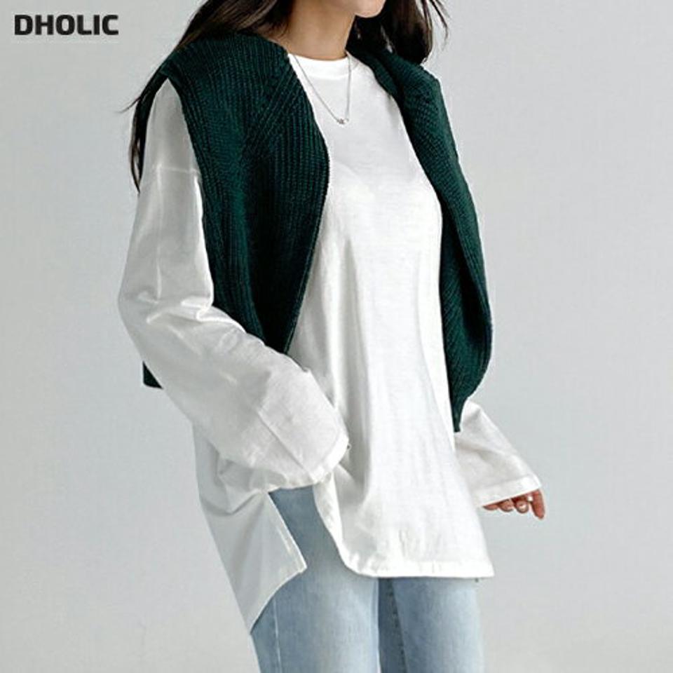 スリットボクシーTシャツ・t01187 レディース 【tops】トップス Tシャツ ロンT 長袖 単色 無地 シンプル ベーシック ラウンドネック 大人 カジュアル ラフ 白T ホワイト ドロップショルダー 春 秋 韓国ファッション 人気