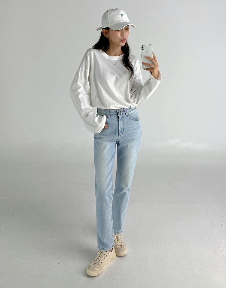 スリットボクシーTシャツ・t01187 レディース 【tops】トップス Tシャツ ロンT 長袖 単色 無地 シンプル ベーシック ラウンドネック 大人 カジュアル ラフ 白T ホワイト ドロップショルダー 春 秋 韓国ファッション 人気
