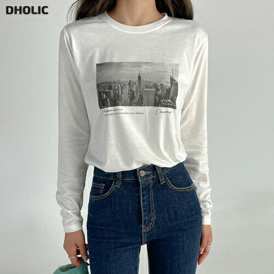 フォトプリント長袖Tシャツ・t01186 レディース 【tops】トップス Tシャツ 長袖 ロンT プリント シンプル カジュアル ラフ ラウンドネック 春 秋 柄 韓国ファッション