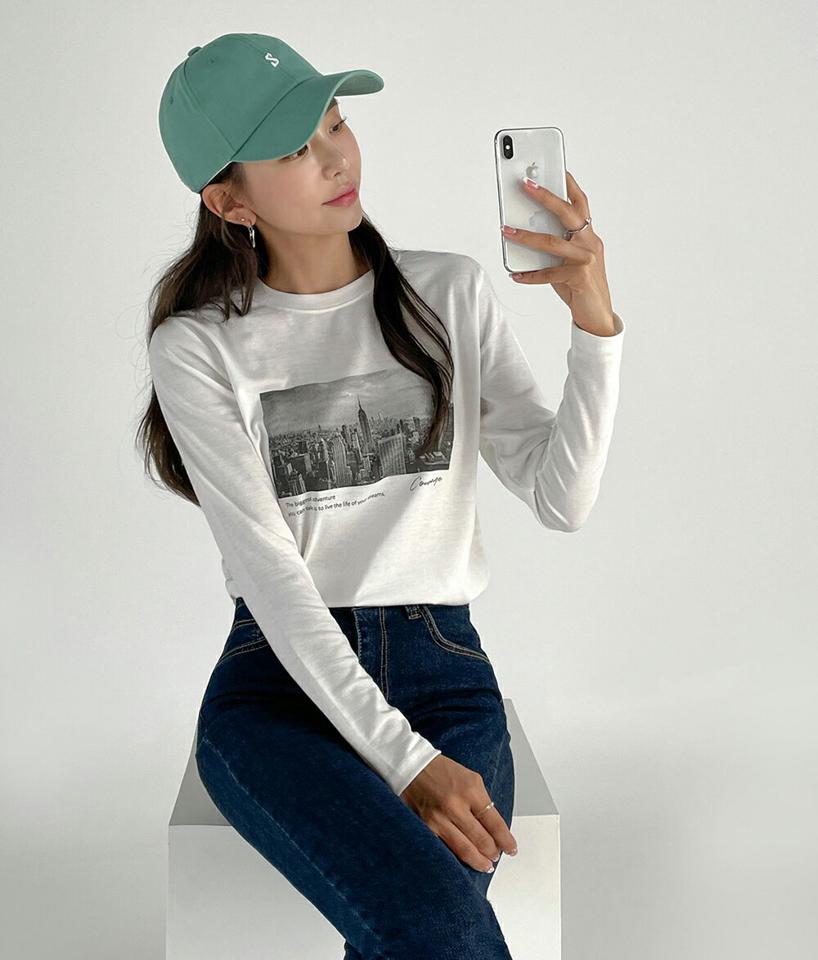 フォトプリント長袖Tシャツ・t01186 レディース 【tops】トップス Tシャツ 長袖 ロンT プリント シンプル カジュアル ラフ ラウンドネック 春 秋 柄 韓国ファッション