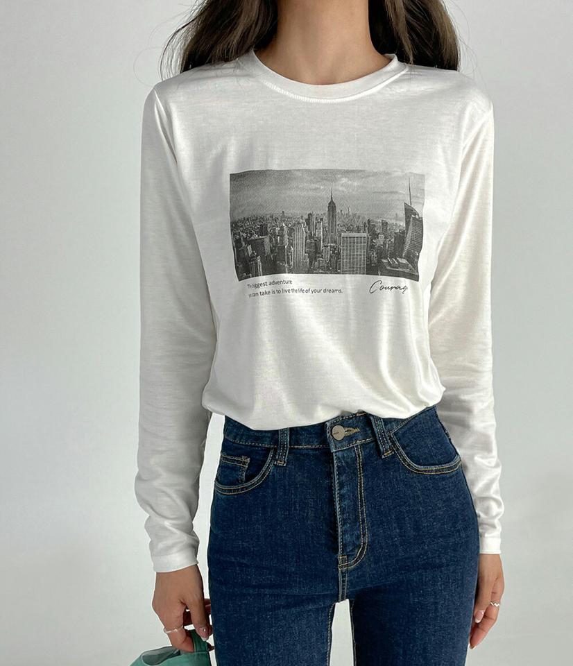 フォトプリント長袖Tシャツ・t01186 レディース 【tops】トップス Tシャツ 長袖 ロンT プリント シンプル カジュアル ラフ ラウンドネック 春 秋 柄 韓国ファッション
