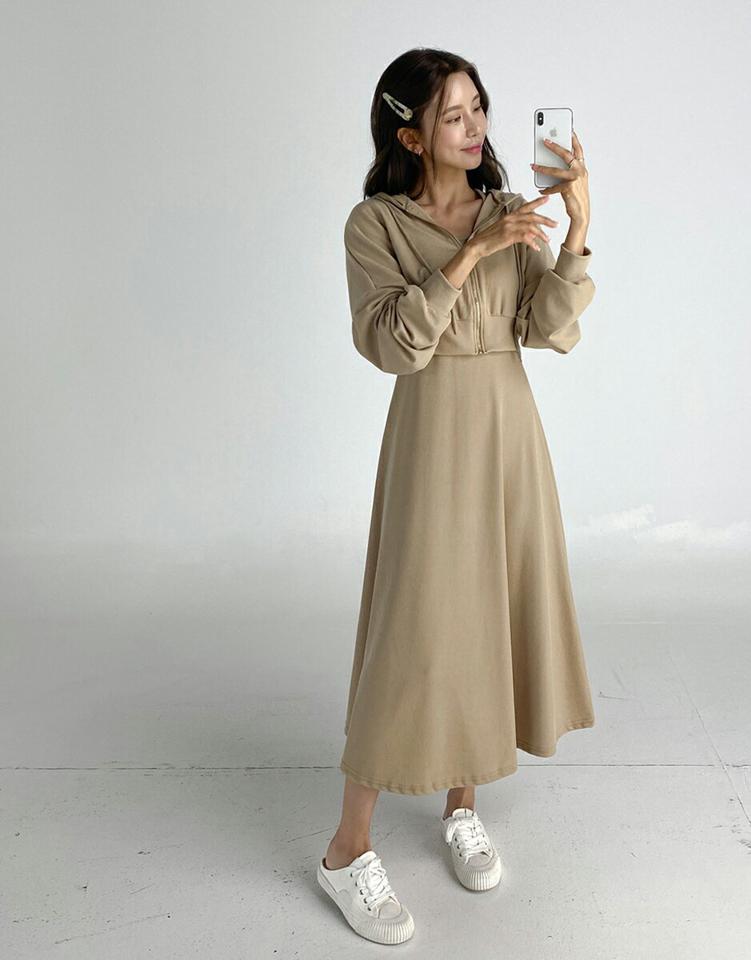 ストリング付パーカー&ワンピースSET・b01200 レディース 【ops】セット ワンピース ロング丈 パーカー トップス 長袖 フーディー フード 単色 無地 シンプル くすみ ピンク Aライン 半袖 ラフ ワンマイルウェア 春 夏 秋 韓国ファッション