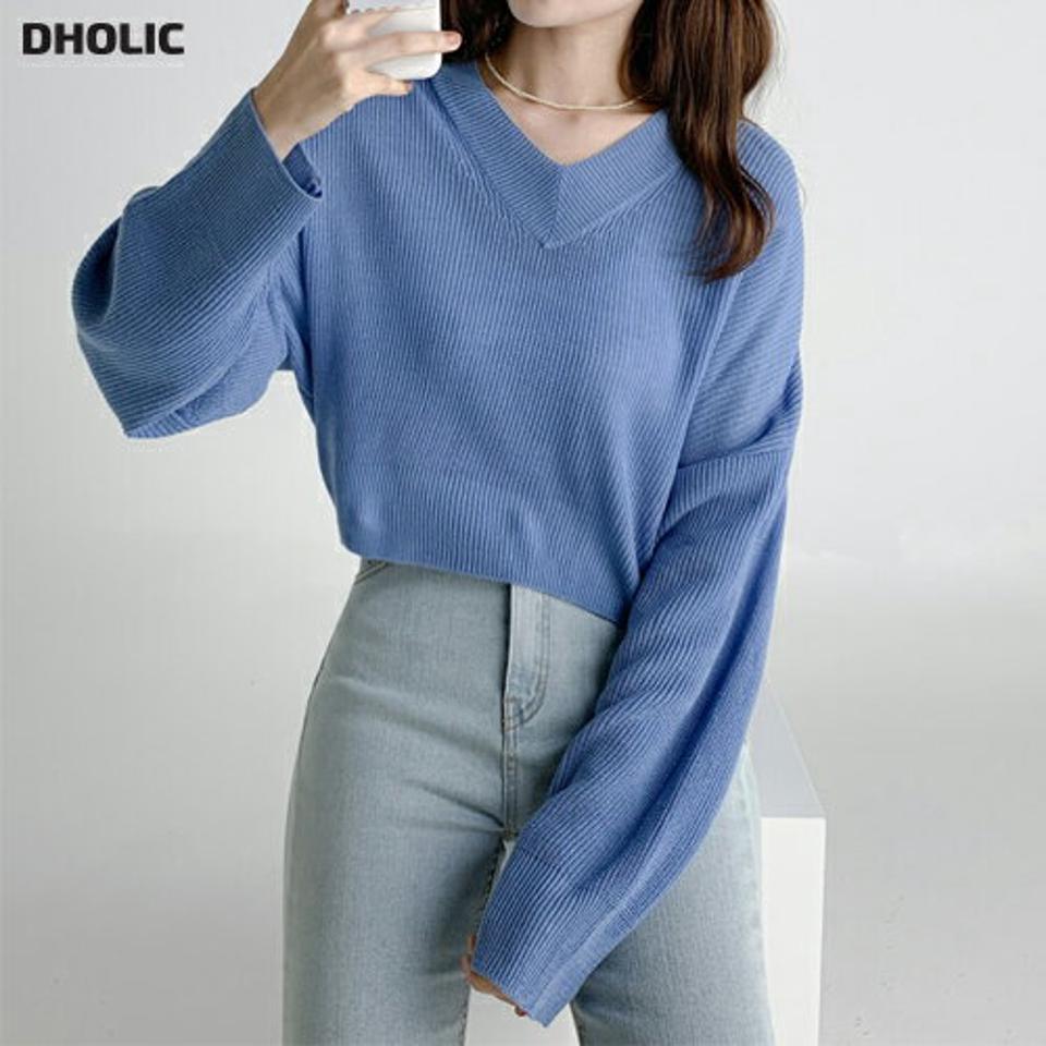 Vネッククロップドルーズニット・t67178 レディース 【tops】トップス ニット 長袖 クロップド丈 ゆったり ルーズ 短丈 Vネック 単色 無地 シンプル ベーシック 大人 カジュアル ラフ ショート丈 カラーニット 水色 青 春 秋 韓国ファッション
