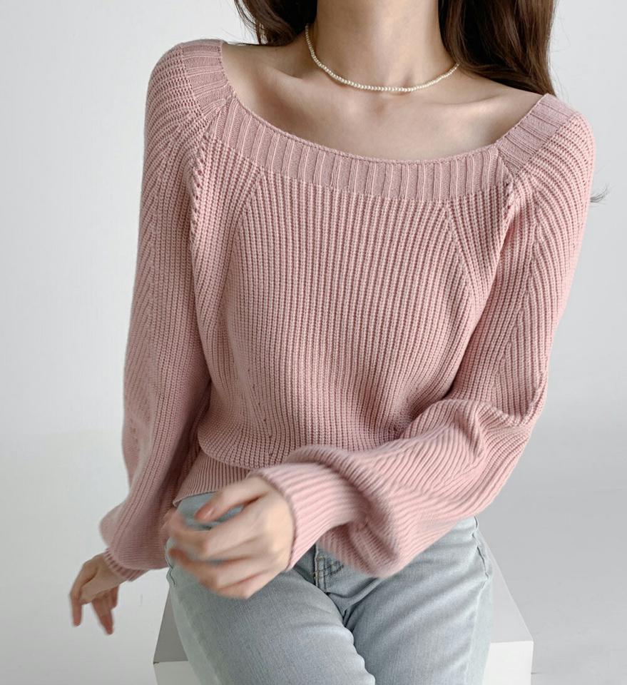 スクエアネックパフニット・t67179 レディース 【tops】トップス ニット 長袖 デコルテ スクエアネック パフスリーブ リブ 単色 無地 シンプル ピンク ラグランスリーブ クロップド丈 アクリルニット カラーニット ショート丈 春 秋 韓国ファッション