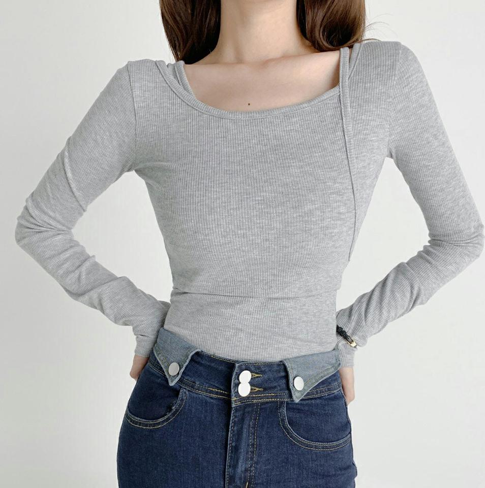 キャミ&タンクトップTシャツ2SET・t67171 レディース 【tops】トップス Tシャツ 長袖 キャミソール スリーブレス ノースリーブ セット レイヤード タンクトップ グレー カジュアル リブ ラフ デコルテ タイト スリム 春 秋 韓国ファッション
