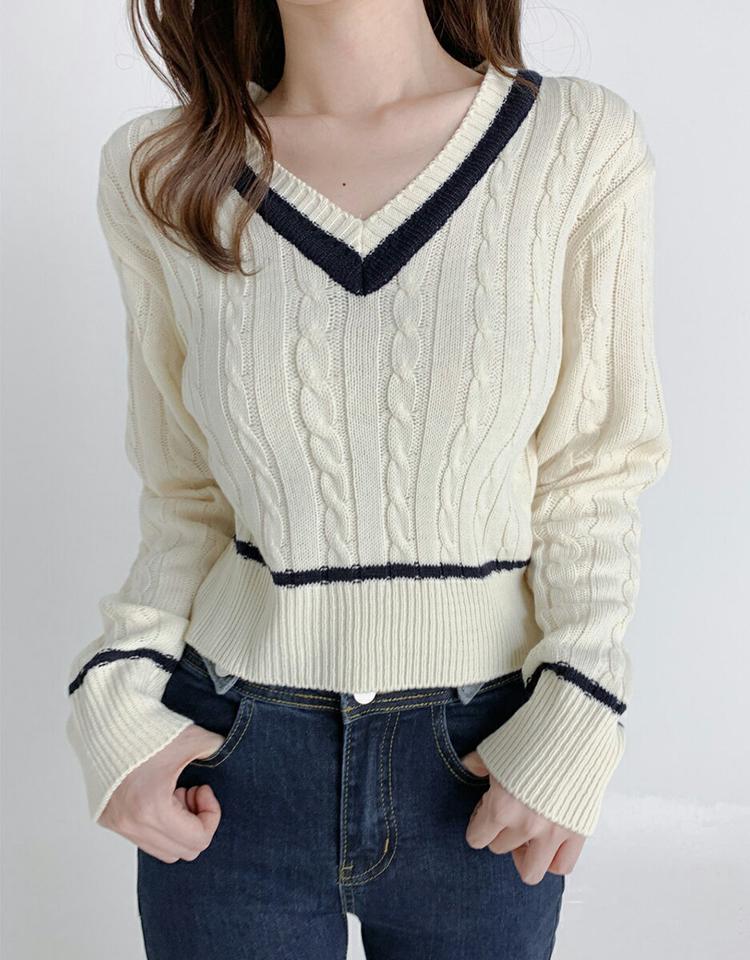 Vネック配色ケーブルニット・t67180 レディース 【tops】トップス ニット 長袖 ケーブル編み 配色 Vネック シンプル カジュアル 学生 ラフ パステル アクリルニット スクールガール カラーニット チルデン 春 秋 韓国ファッション