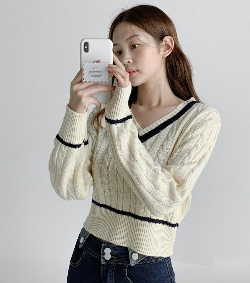 Vネック配色ケーブルニット・t67180 レディース 【tops】トップス ニット 長袖 ケーブル編み 配色 Vネック シンプル カジュアル 学生 ラフ パステル アクリルニット スクールガール カラーニット チルデン 春 秋 韓国ファッション