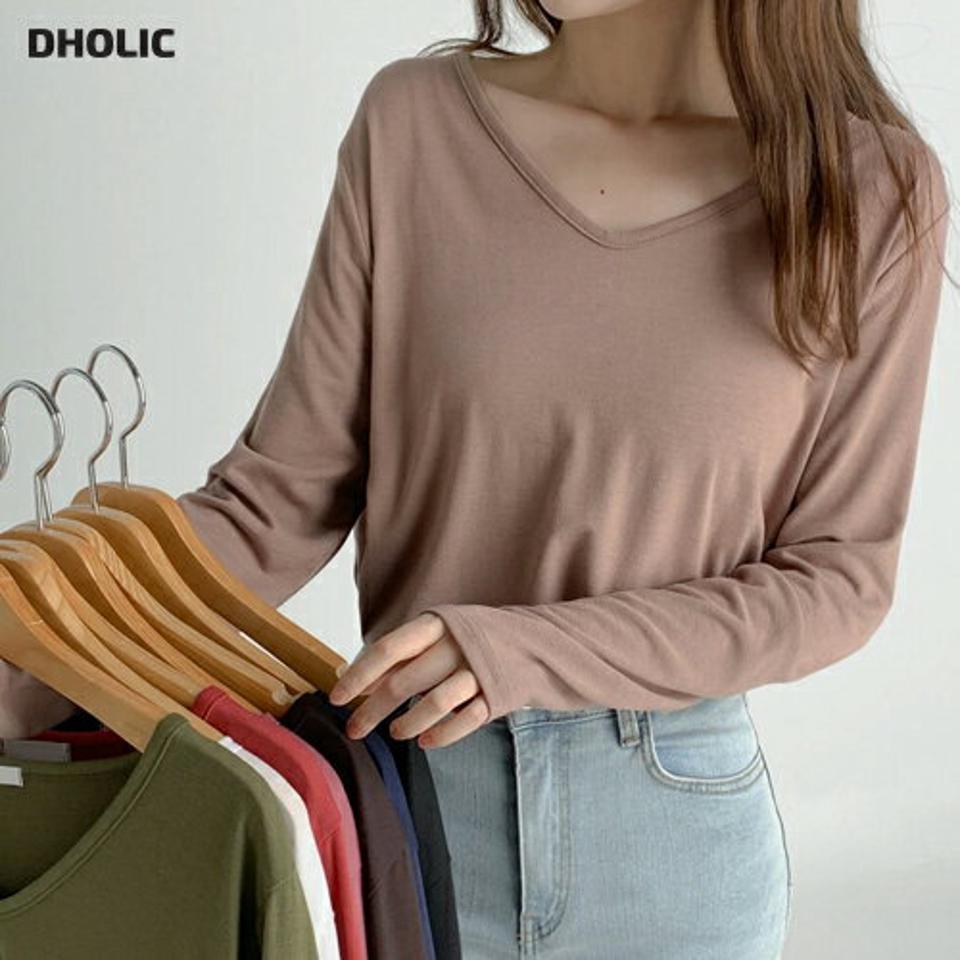Vネック長袖Tシャツ・t67169 レディース 【tops】トップス Tシャツ ロンT 長袖 単色 無地 シンプル ベーシック カジュアル ラフ Vネック くすみ カーキ 春 秋 韓国ファッション 人気
