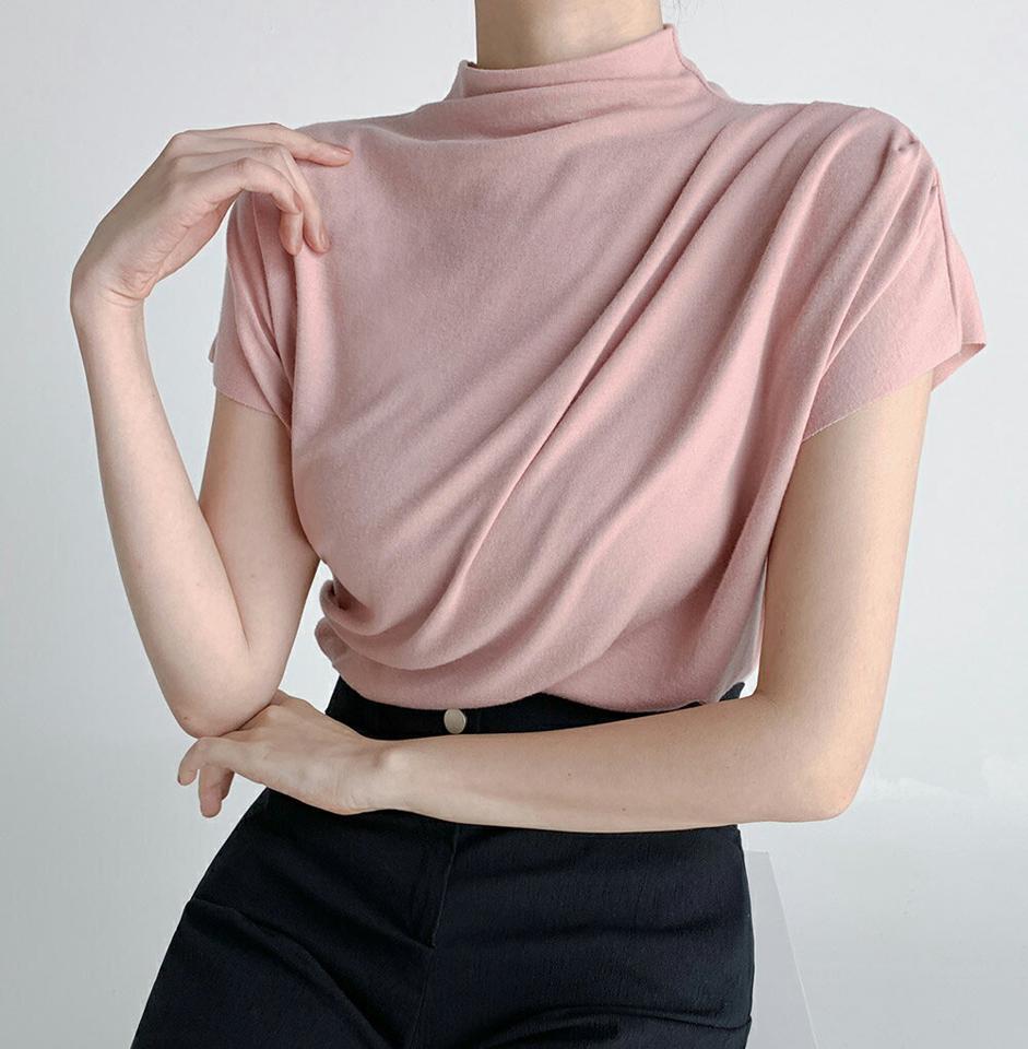 ギャザーハーフネックTシャツ・t67167 レディース 【tops】トップス Tシャツ 半袖 ギャザー ハーフネック 単色 無地 シンプル 大人 上品 きれいめ ユニーク フレンチスリーブ ショートスリーブ 春 夏 韓国ファッション