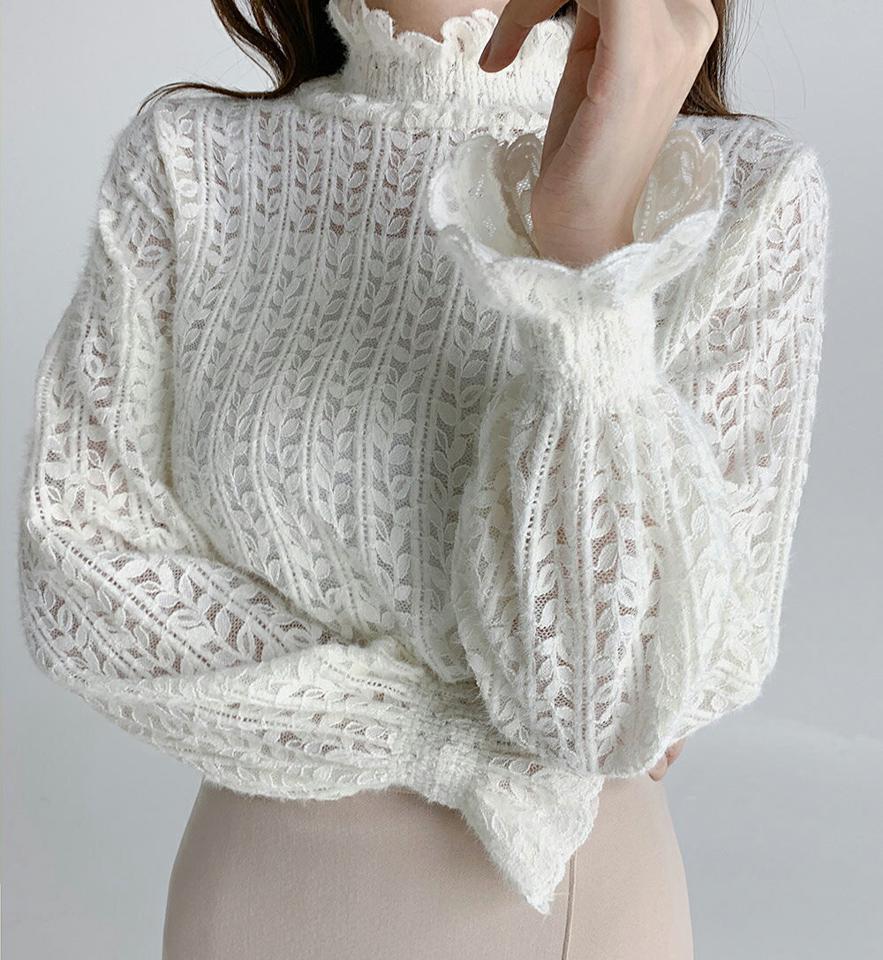 【マラソン特価】起毛レースシャーリングブラウス・b67187 レディース 【bl】トップス ブラウス 長袖 シャーリング 起毛 レース フェミニン 透け感 シアー シースルー 総柄 総レース 大人 ハーフネック オンニ きれいめ 上品 レイヤード 春 秋 韓国ファッション 人気