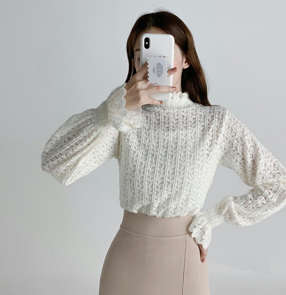 【マラソン特価】起毛レースシャーリングブラウス・b67187 レディース 【bl】トップス ブラウス 長袖 シャーリング 起毛 レース フェミニン 透け感 シアー シースルー 総柄 総レース 大人 ハーフネック オンニ きれいめ 上品 レイヤード 春 秋 韓国ファッション 人気