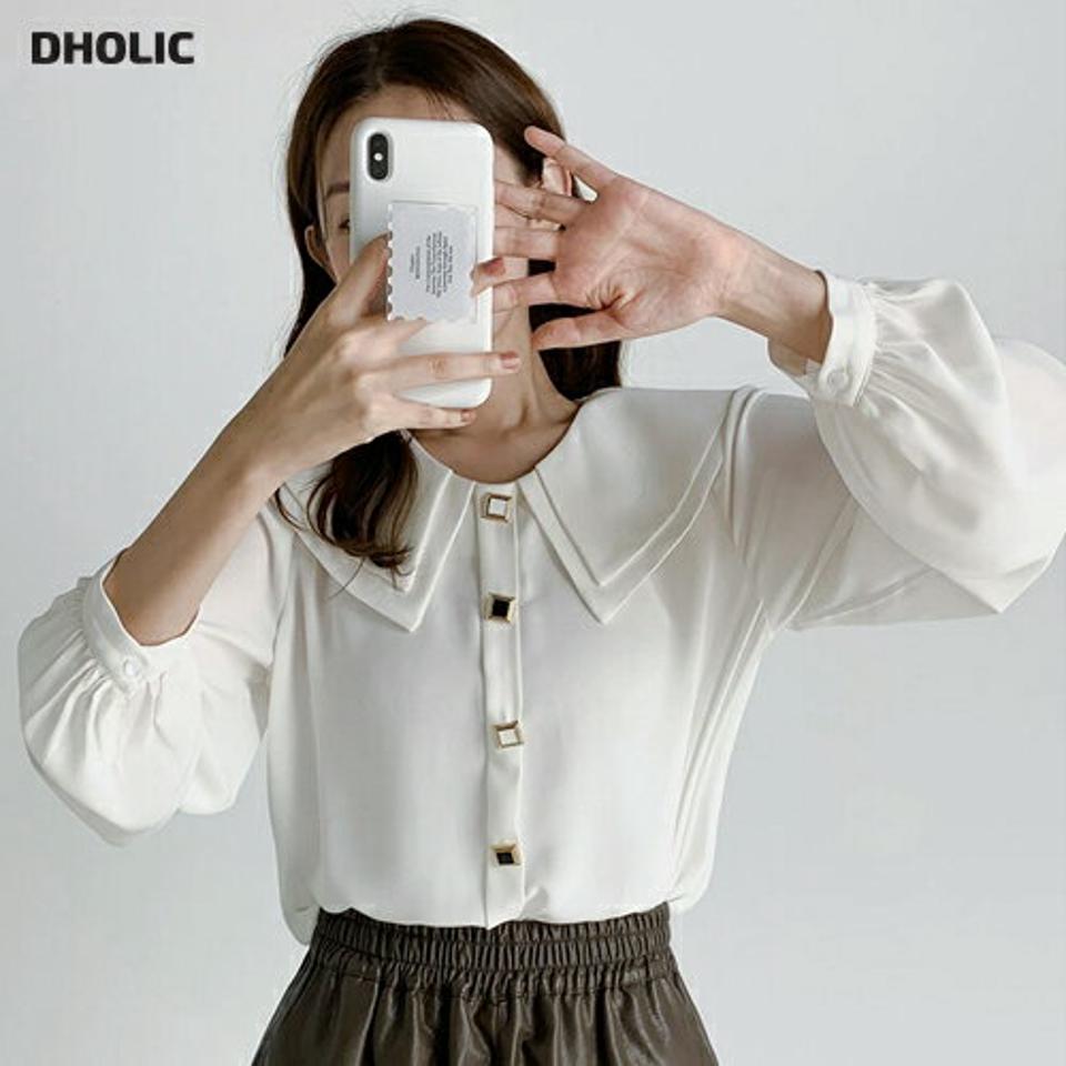 スクエアボタンカラーブラウス・b67175 レディース 【bl】トップス ブラウス 長袖 ボタン 大きい襟 襟コン ガーリー 大人 かわいい 可愛い 白 ホワイト 単色 無地 ユニーク 春 秋 韓国ファッション