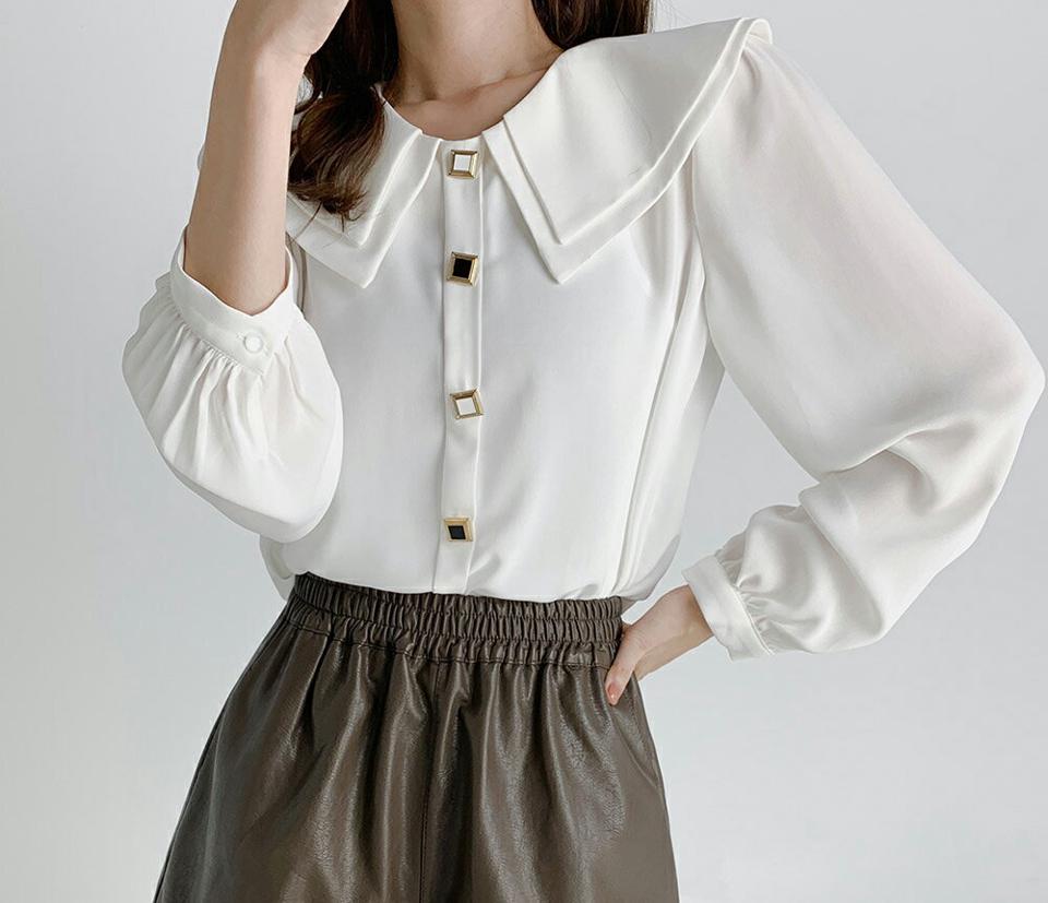 スクエアボタンカラーブラウス・b67175 レディース 【bl】トップス ブラウス 長袖 ボタン 大きい襟 襟コン ガーリー 大人 かわいい 可愛い 白 ホワイト 単色 無地 ユニーク 春 秋 韓国ファッション